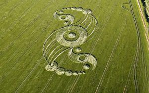 -...PIC: Lucy Pringle/apexnewspix.com 29/05/2009. View of an intricate crop circle sculpted into a sea of barley beneath Windmill Hill near Devizes, Wilts. The graceful formation measures approx' 350ft in length and consists of a centre circle with two large and two small arcs extended and connected by circles of decreasing size. The green and golden fields of the world's crop circle capital of Wiltshire have spawned an array of patterns in the past that have continued to fascinate those who seek them out. ** SEE STORY BY APEX NEWS - 01392 823144 **