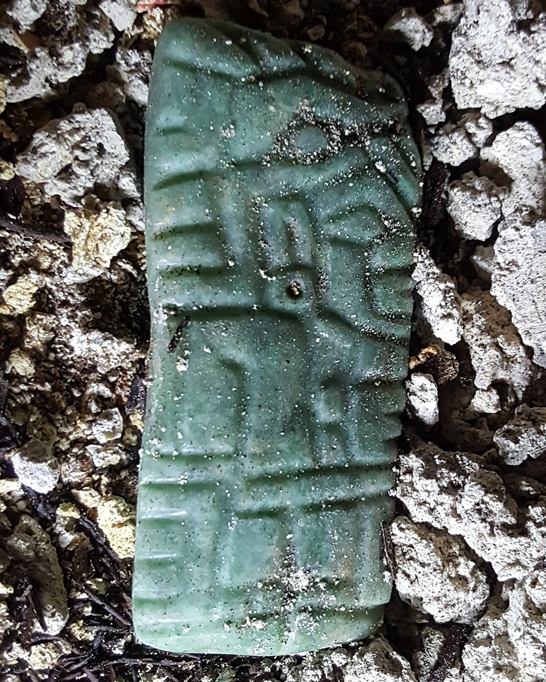 سنگ یشم حکاکی‌شده یکی از پادشاهان مایا که سر تمساح می‌گذاشته است