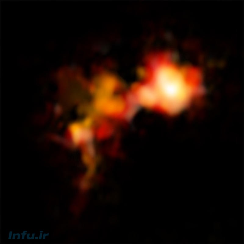 تصویر ALMA از دو هسته گازی، که در طول موج یون مولکولی N2D+ (متشکل از دو اتم نیتروژن و یک اتم دوتریوم) به تصویر کشیده شده‌اند. هسته سمت راست، درخشان‌تر و کروی‌تر است و این نشان می‌دهد که در شرف تشکیل یک ستاره سنگین‌وزن است – که اتفاقی نادر محسوب می‌شود. هسته دیگر، نامنظم‌تر و پراکنده‌تر است و احتمالاً از آن، چندین ستاره کم‌وزن‌تر حاصل شوند. این پراکندگی، در سیر تحولی ابرهای ستاره‌ساز، امری متداول است.