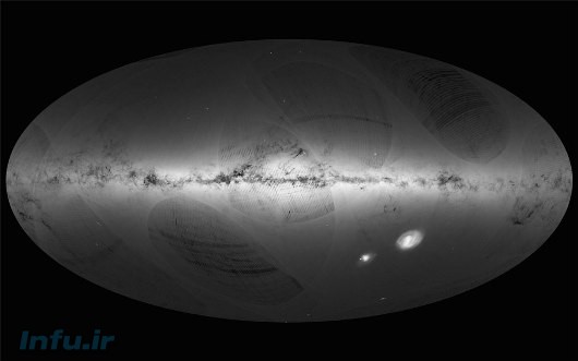 تصویر سرتاسری راه شیری از دید گایا؛ حاصل تحلیل موج اول داده‌های فضاپیما، که از بالغ بر یک میلیارد و یکصد و چهل میلیون ستاره تشکیل شده است (الگوهای منحنی‌شکل، از تراکم متفاوت باریکه‌هایی که فضاپیما به پویش‌شان پرداخته، ناشی شده‌اند).