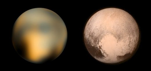 بهترین نمای پلوتو از دید تلسکوپ فضایی هابل (چپ)، و واپسین تصویر ارسالی افق‌های نو از سیمای پلوتو، ساعاتی پیش از گذر چهاردهم ژوئیه.