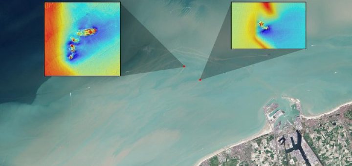 تصویر بزرگ‌تر: عکس ماهواره‌ای نور مرئی «لندست 8» از آب‌های ساحلی بندر زیبروگ در بلژیک، به تاریخ ۱۱ سپتامبر ۲۰۱۵. خطوط کمرنگ منتهی به نقاط قرمزرنگ مشخص‌شده در عکس، جریانات گل‌آلود حاصل از عبور آب از کنار بقایای دو کشتی به‌گل‌نشسته به نام‌های SS Sansip (چپ)، و SS Samvurn است. تصاویر کوچک‌تر: مدل‌های توپوگرافیک مبتنی بر نقشه‌برداری سوناری از بقایای همین دو کشتی.