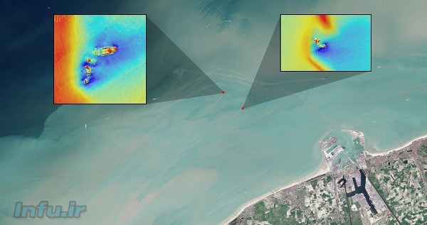 تصویر بزرگ‌تر: عکس ماهواره‌ای نور مرئی «لندست 8» از آب‌های ساحلی بندر زیبروگ در بلژیک، به تاریخ ۱۱ سپتامبر ۲۰۱۵. خطوط کمرنگ منتهی به نقاط قرمزرنگ مشخص‌شده در عکس، جریانات گل‌آلود حاصل از عبور آب از کنار بقایای دو کشتی به‌گل‌نشسته به نام‌های SS Sansip (چپ)، و SS Samvurn است. تصاویر کوچک‌تر: مدل‌های توپوگرافیک مبتنی بر نقشه‌برداری سوناری از بقایای همین دو کشتی.
