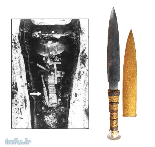 چپ: مومیایی توت‌عنخ‌آمون در تابوت. در این تصویر، مکان خنجر تیغه‌آهنی (به طول ۳۴ سانتیمتر) بر ران سمت راست فرعون، با فلش نشان داده شده است (عکس از مؤسسه گریفیث / دانشگاه آکسفورد). راست: نمای نزدیک خنجر تیغه‌آهنی به اتّفاق غلاف زرین آن.