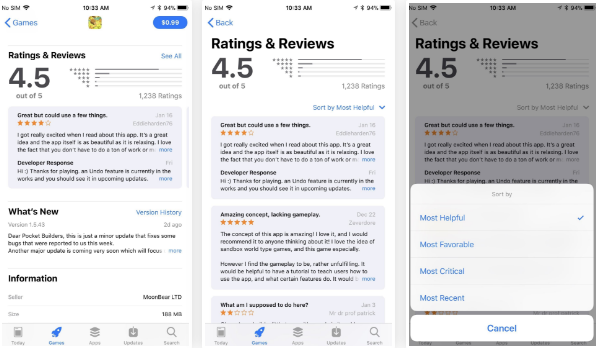 مرتب سازی بررسی ها یا Reviews در اپ استور