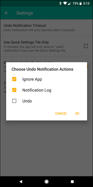 By default, you can choose to Ignore an app (this adds it to be blacklist automatically—you can remove it in the app’s main interface) or view the Notification Log (the very one highlighted earlier in this post). There’s also the option to add an Undo button, or you can disable either of the two default actions. Your call.